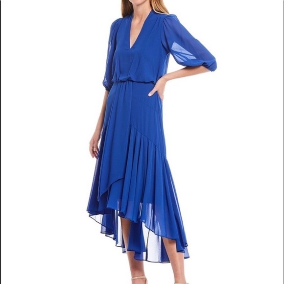 Taylor Royal Blue Azure Chiffon V neck High Low Midi Dress Medium - Picture 6 of 16